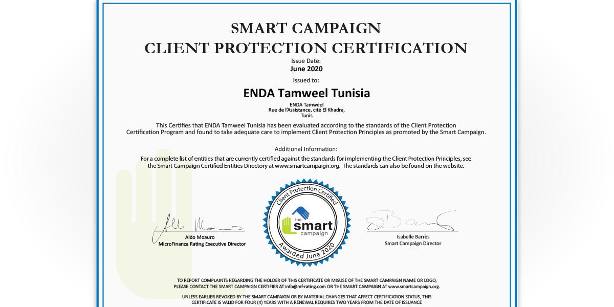 Tunisie:Renouvellement de la certification Smart Campaign accordée à Enda Tamweel